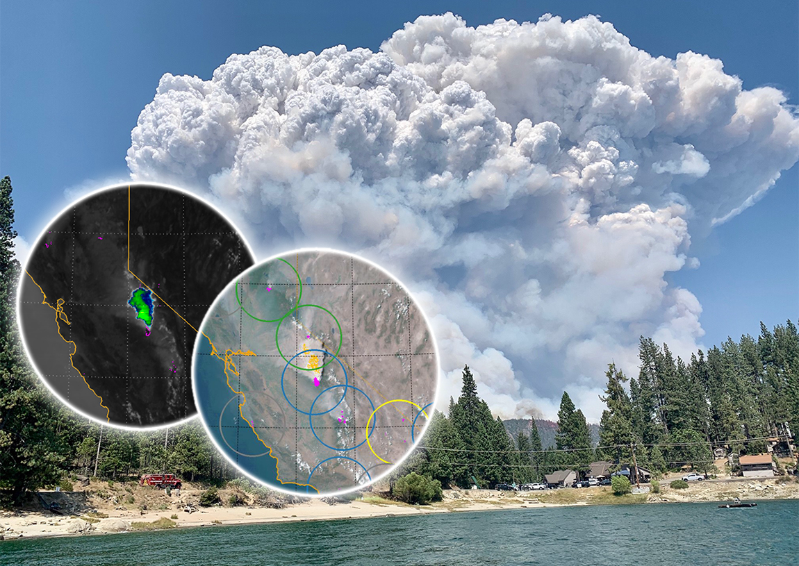 A satellite image of California wildfires with pyroCB products. 