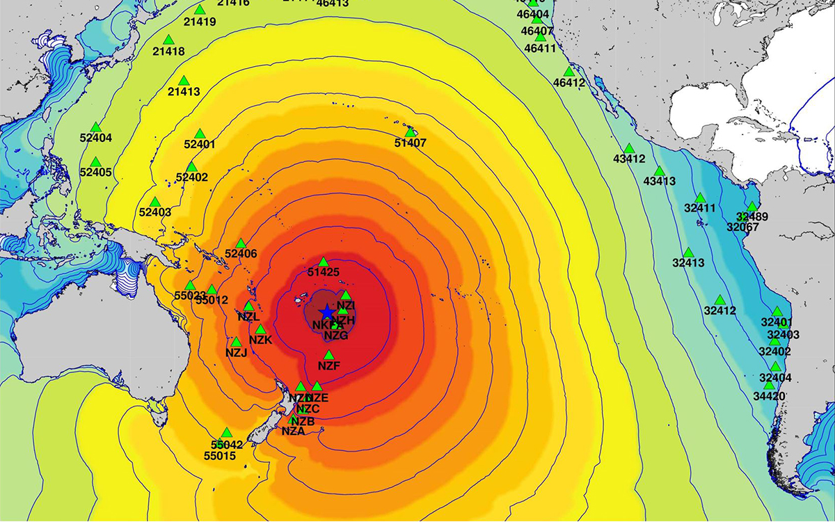A tsunami product showing potential tsunami impact threat zones. 