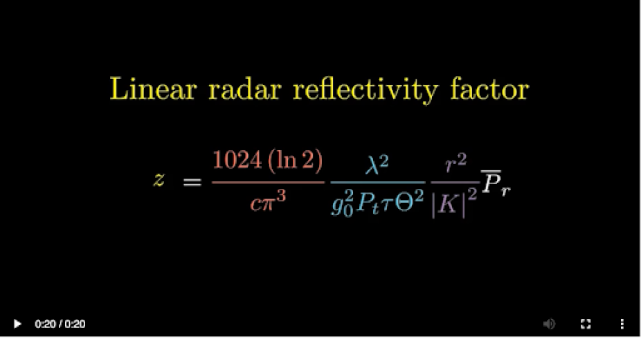 A screenshot of a video showing the linear radar reflectivity factor equation.