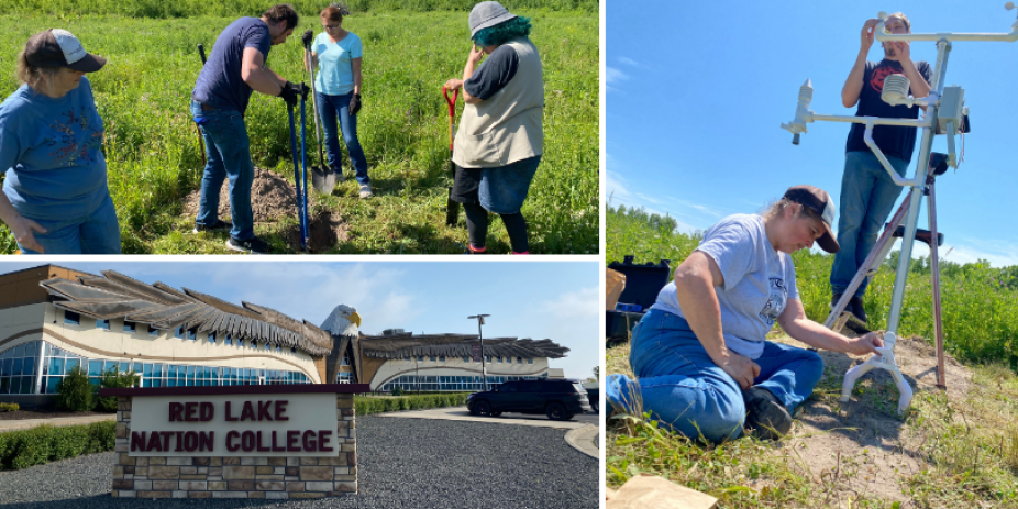 A collage showing the 3D-PAWS workshop participants installing a 3D-PAWS station at Red Lake Nation College. 