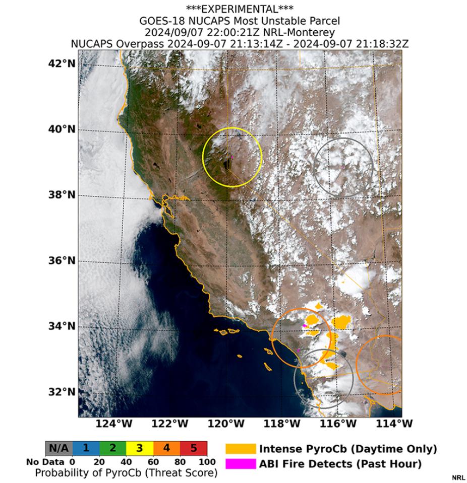 A satellite image of California wildfires with pyroCB products. 