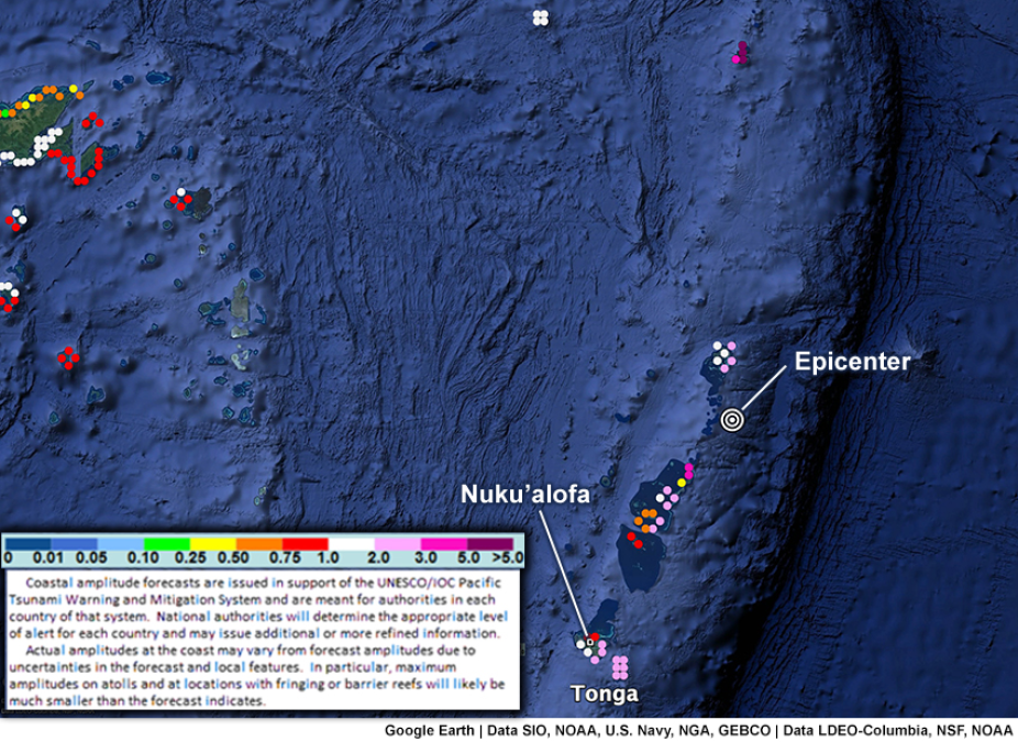 A Google Earth satellite image showing the potential epicenter of a tsunami for a region. 