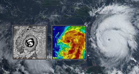 Three different types of satellite images of a cyclone. 
