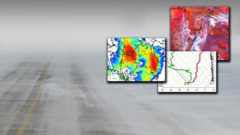 A photo of a snowy road with three satellite images overlaying the photo. 