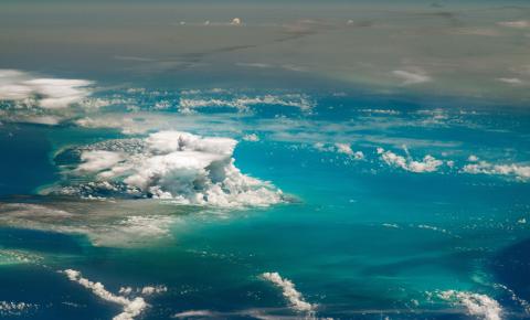 An aerial photo of a tropical beach. 
