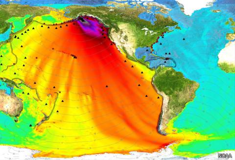 A satellite image showing a tsunami